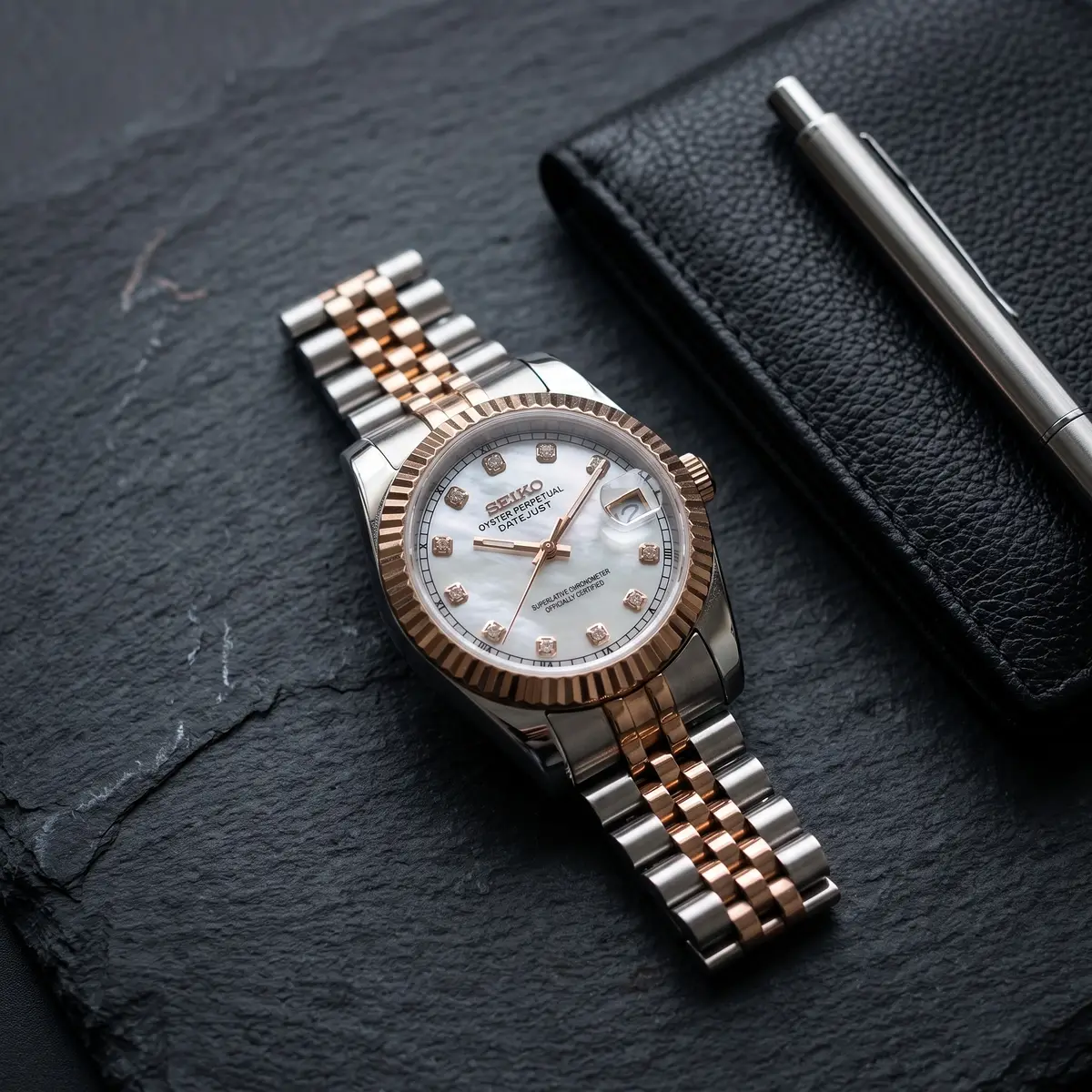 Seiko Mod Uhr SEIKO MOD Damen – Pearl Baguette – Automatik | MedoMods – Flatlay auf Schiefer – MedoMods