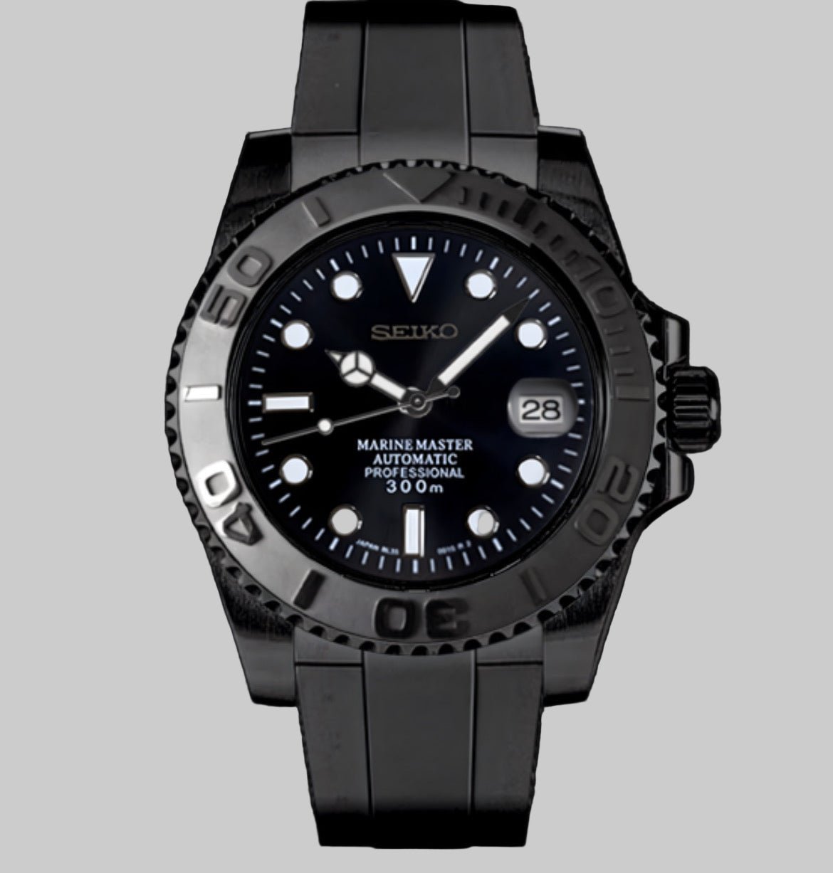 Seikomariner | Boîtier tout noir avec revêtement PVD – Bracelet en caoutchouc