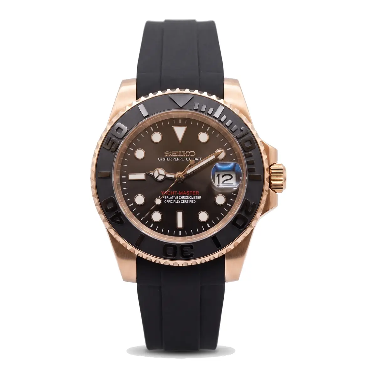 Seiko Mod Uhr Seikomariner – Schwarz & Roségold – Kautschukarmband – MedoMods