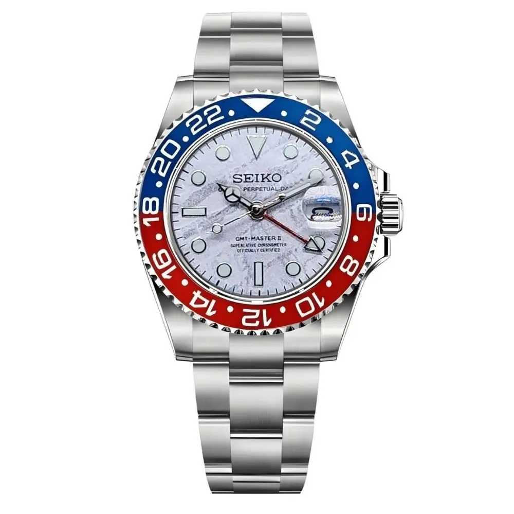 GMT MOD mit Pepsi-Lünette in Blau/Rot und Meteorit-Zifferblatt, Oyster-Armband – MedoMods