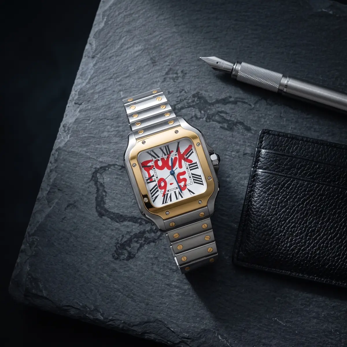 Seiko Mod Uhr SEIKTOS | 9-5 Zweifarbiges Goldzifferblatt – 38 mm – Flatlay auf Schiefer – MedoMods