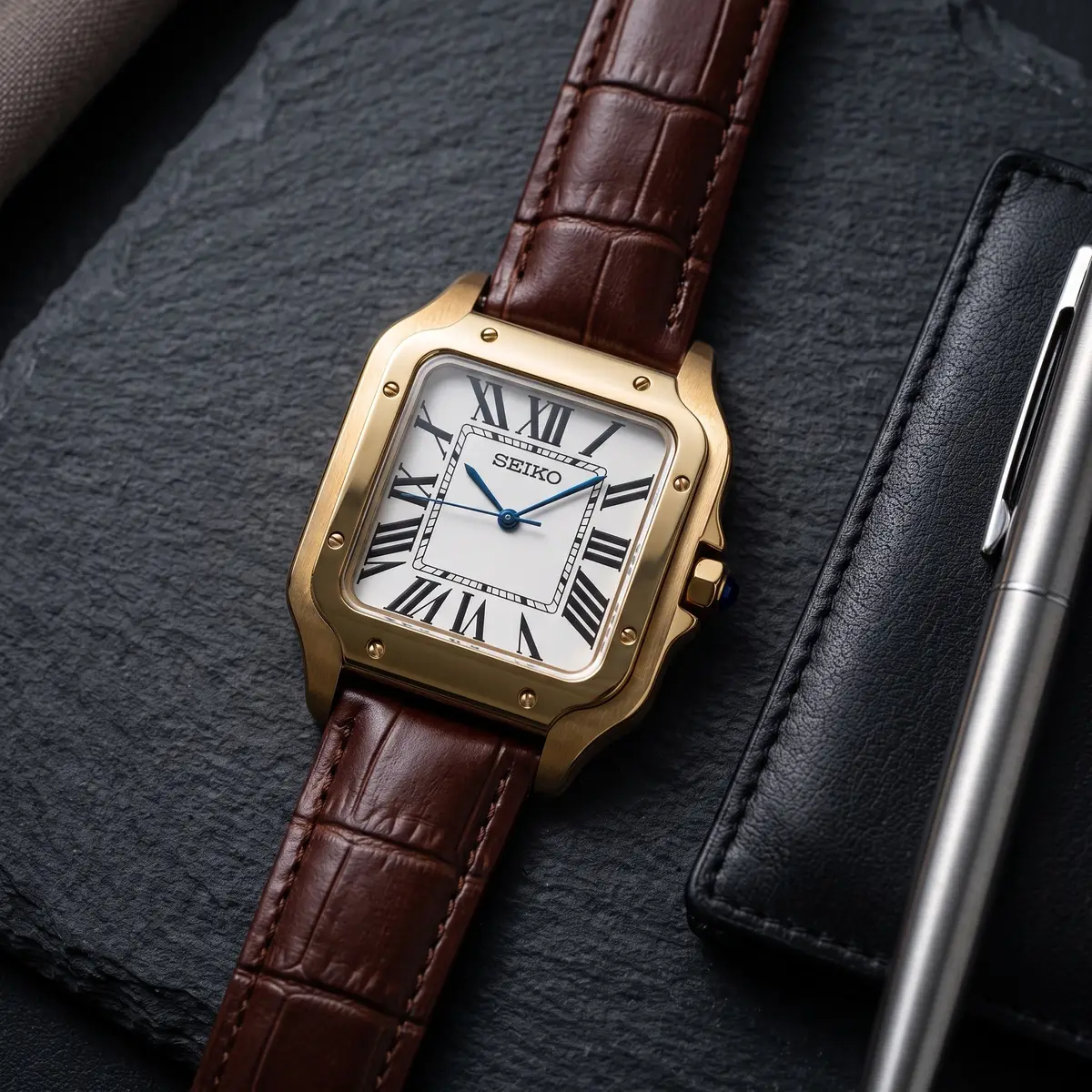 Seiko Mod Uhr SEIKTOS | Braunes Lederarmband & goldenes Zifferblatt – 38 mm – Flatlay auf Schiefer – MedoMods