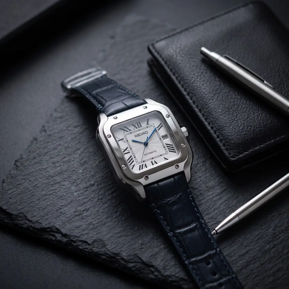 Seiko Mod Uhr SEIKTOS MOD – (schwarzes Lederarmband) – Flatlay auf Schiefer – MedoMods