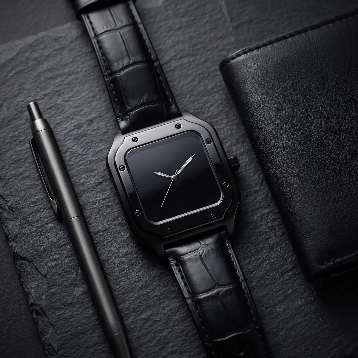 Seiko Mod Uhr SEIKTOS MOD – BLACKED OUT (Lederarmband) – Flatlay auf Schiefer – MedoMods