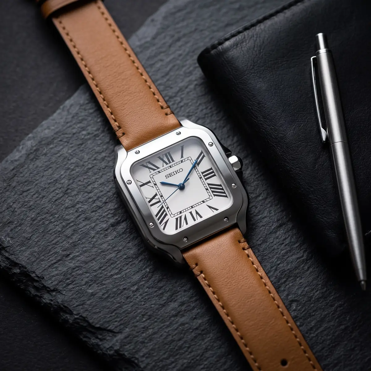 Seiko Mod Uhr SEIKTOS MOD – BRAUN (LEDERARMBAND) – Flatlay auf Schiefer – MedoMods