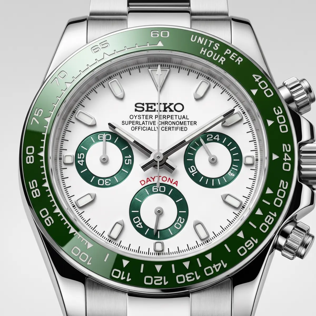 Seiko Mod Uhr TONA MOD – ALPENGRÜN – Zifferblatt Nahaufnahme – MedoMods