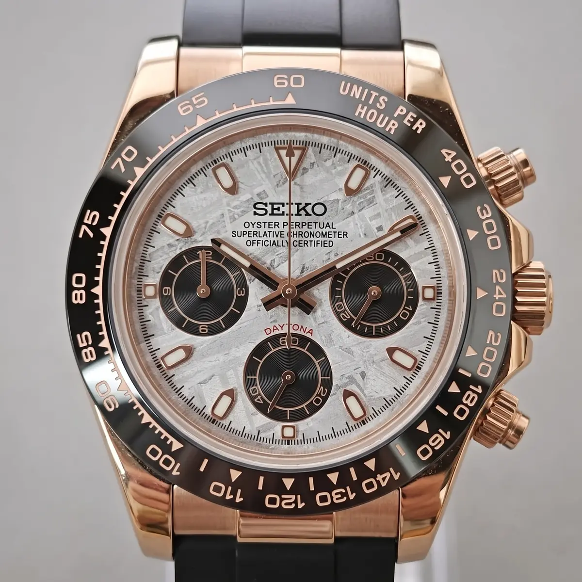 Seiko Mod Uhr TONA MOD | Black Meteorit RoseGold – 40 mm – Zifferblatt Nahaufnahme – MedoMods