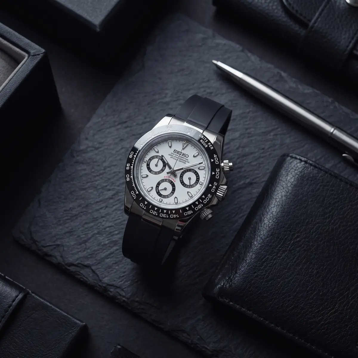 Seiko Mod Uhr TONA MOD | Schwarzes Gummi, schwarzer Panda – 40 mm – Flatlay auf Schiefer – MedoMods