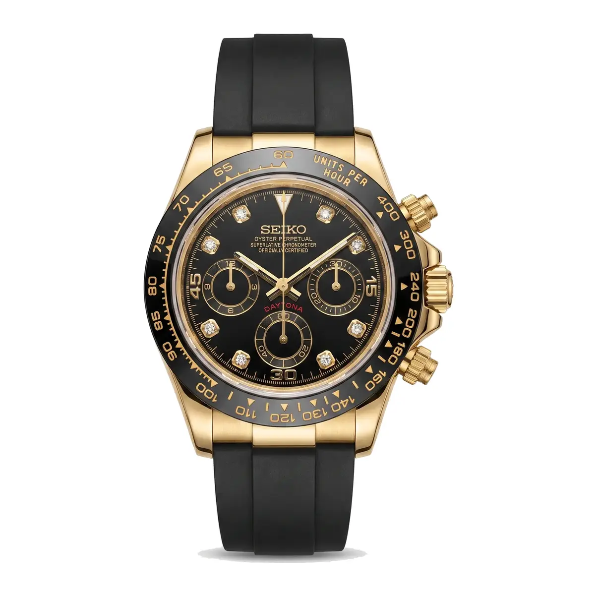 Seiko Mod Uhr TONA MOD – Schwarzes Kautschukarmband – Goldfarbene Rauten – 40 mm – MedoMods