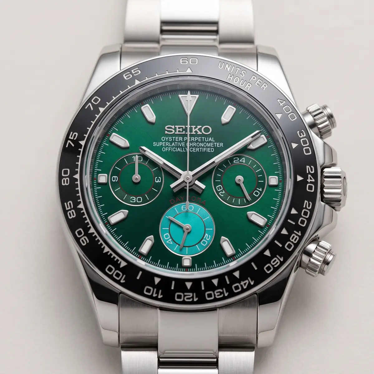 Seiko Mod Uhr TONA MOD – SMARAGD – Zifferblatt Nahaufnahme – MedoMods