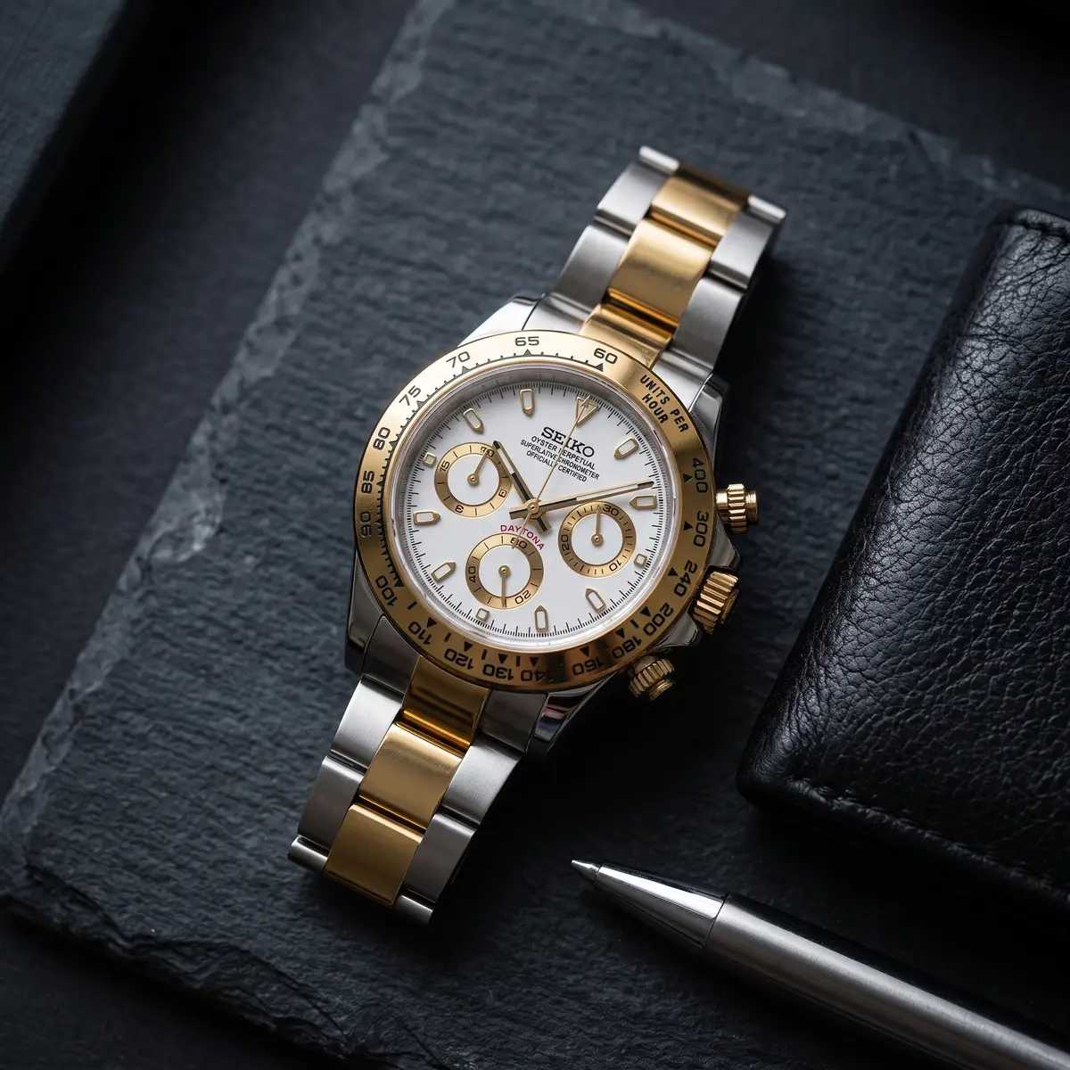 Seiko Mod Uhr TONA MOD – GOLD & WEISS – Flatlay auf Schiefer – MedoMods