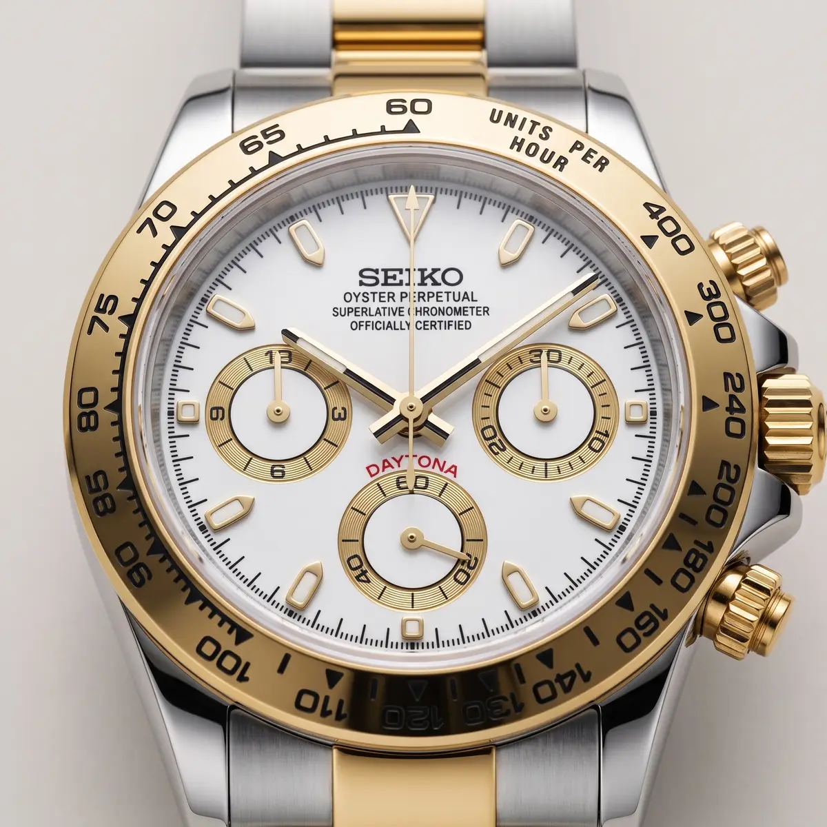 Seiko Mod Uhr TONA MOD – GOLD & WEISS – Zifferblatt Nahaufnahme – MedoMods