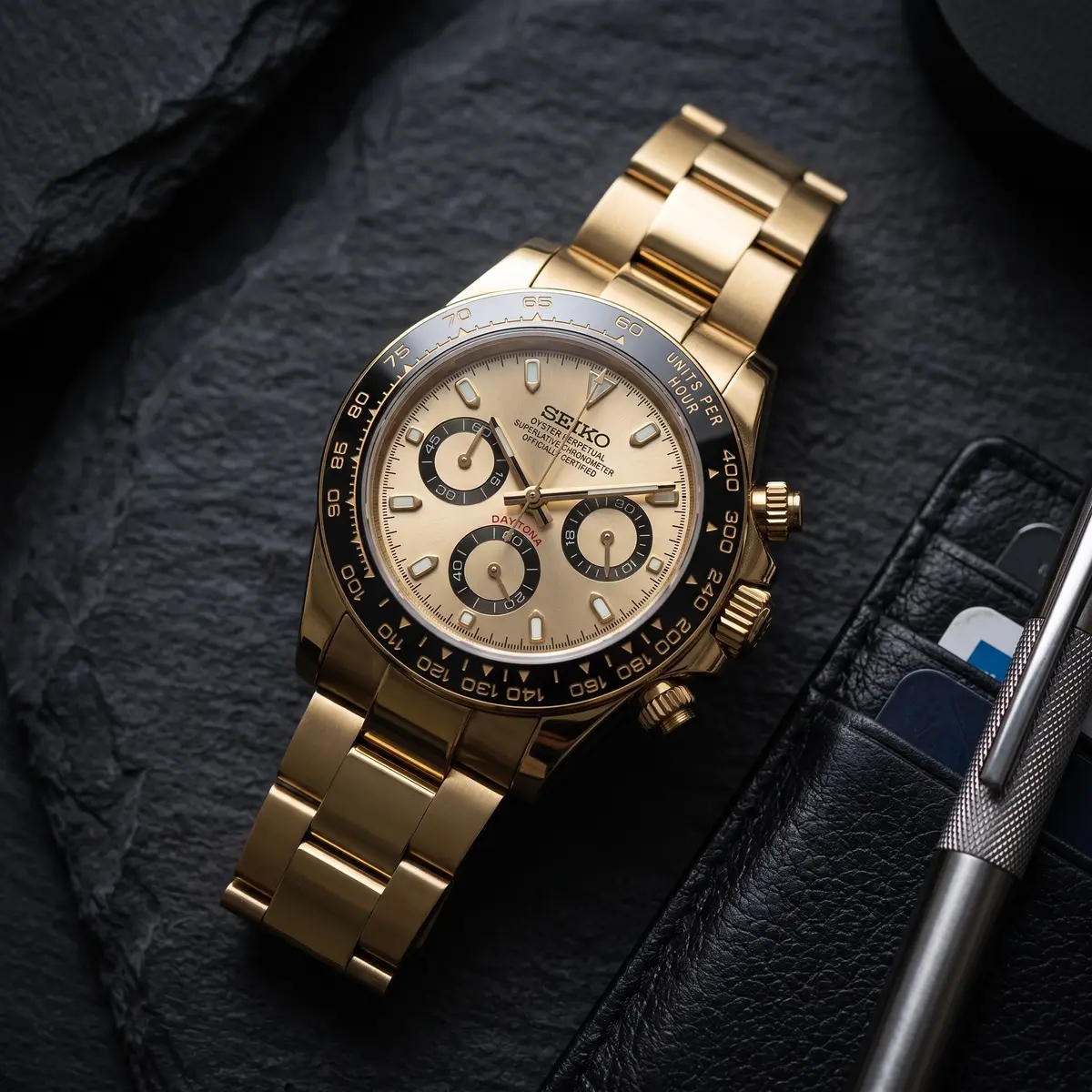 Seiko Mod Uhr TONA MOD โ GOLDIE โ Flatlay auf Schiefer โ MedoMods