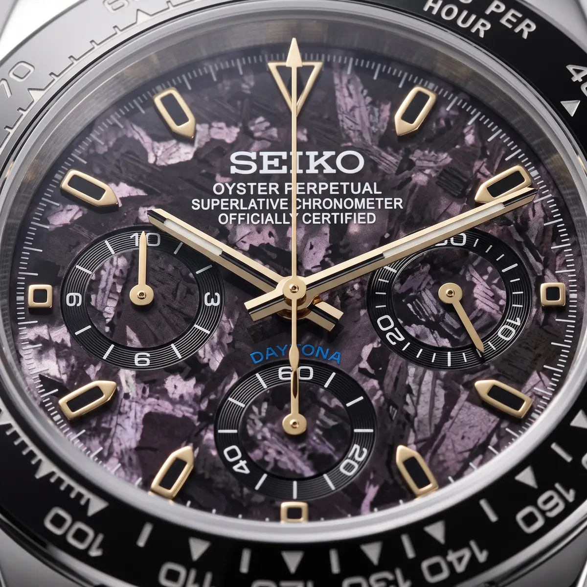 Seiko Mod Uhr TONA MOD – METEORITE PUPLE – Zifferblatt Nahaufnahme – MedoMods