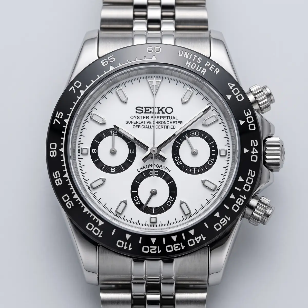 Seiko Mod Uhr TONA MOD | Panda – Stahl-Lünette – 40 mm – Zifferblatt Nahaufnahme – MedoMods