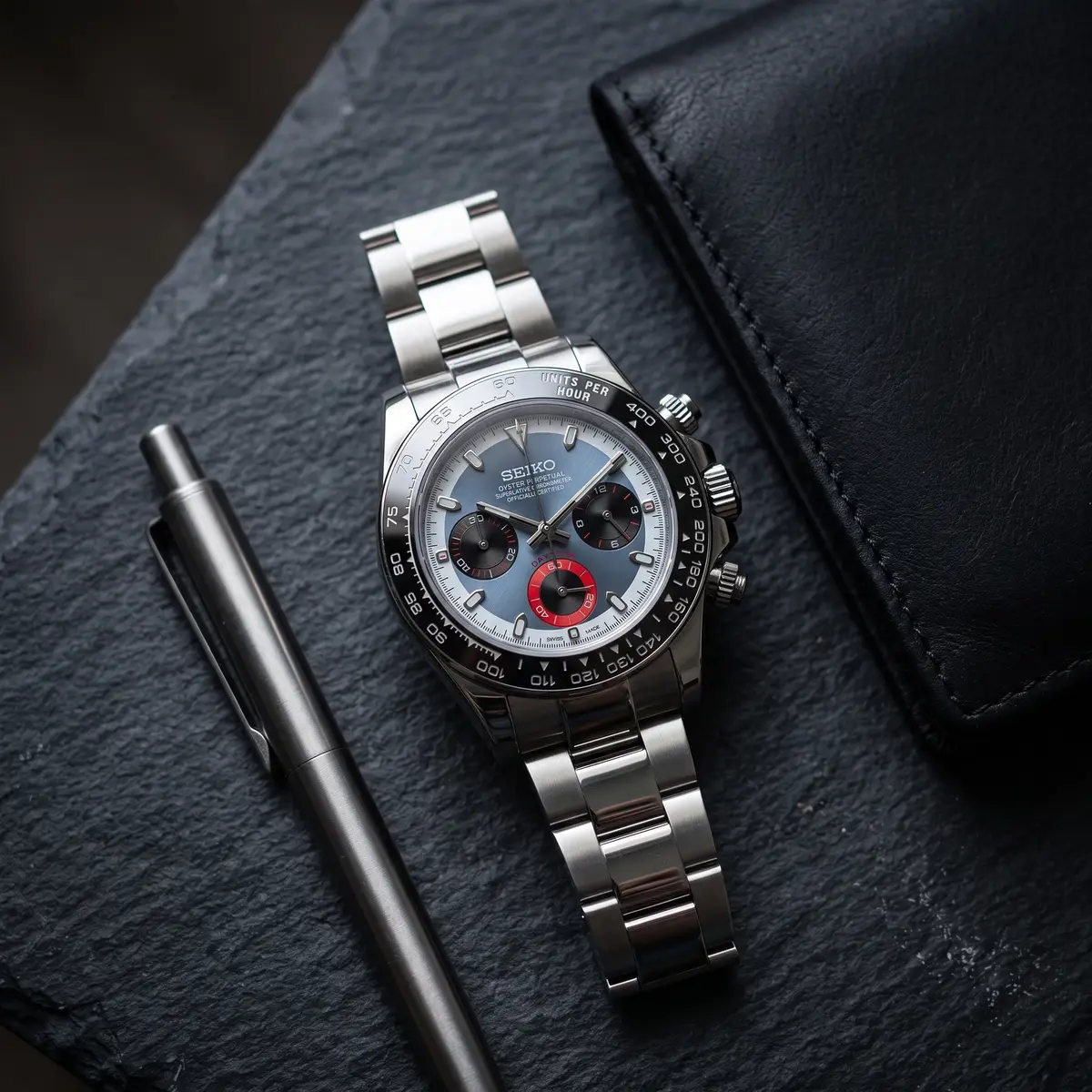 Seiko Mod Uhr TONA MOD – REDLINE – Flatlay auf Schiefer – MedoMods
