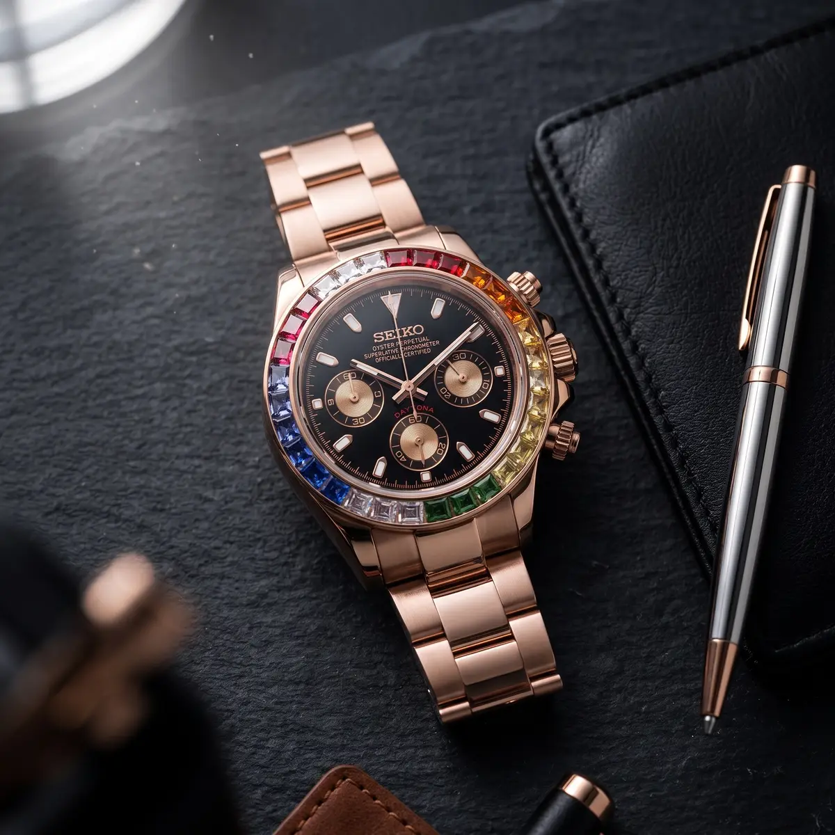 Seiko Mod Uhr TONA MOD – ROSE RAINBOW – Flatlay auf Schiefer – MedoMods