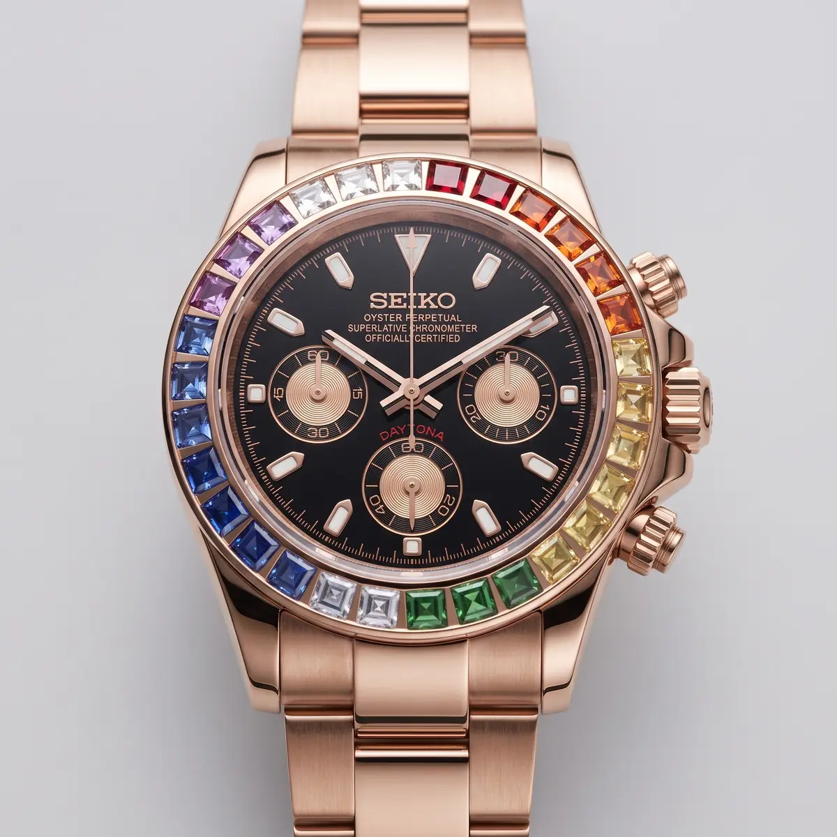 Seiko Mod Uhr TONA MOD – ROSE RAINBOW – Zifferblatt Nahaufnahme – MedoMods