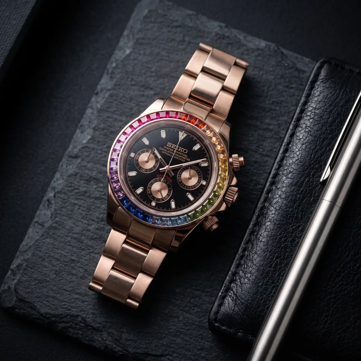 Seiko Mod Uhr TONA MOD | Roségold Rainbow – 40 mm – Flatlay auf Schiefer – MedoMods