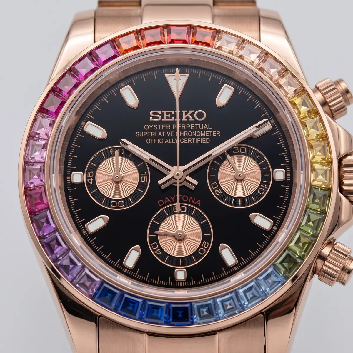 Seiko Mod Uhr TONA MOD | Roségold Rainbow – 40 mm – Zifferblatt Nahaufnahme – MedoMods