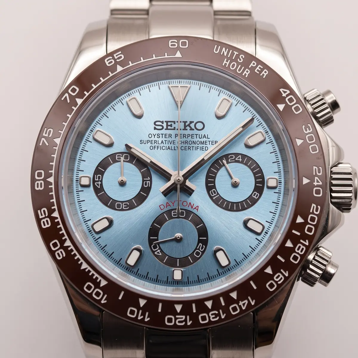 Seiko Mod Uhr TONA MOD | Stahl eisblau – 40 mm – Zifferblatt Nahaufnahme – MedoMods