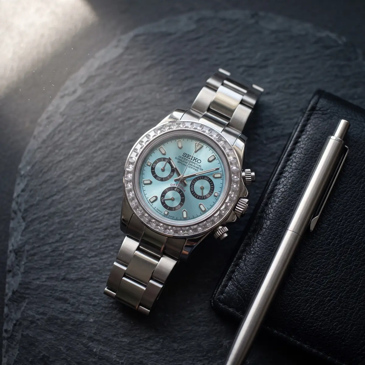 Seiko Mod Uhr TONA MOD | Lünette aus Stahl in Eisblau mit Diamanten – 40 mm – Flatlay auf Schiefer – MedoMods