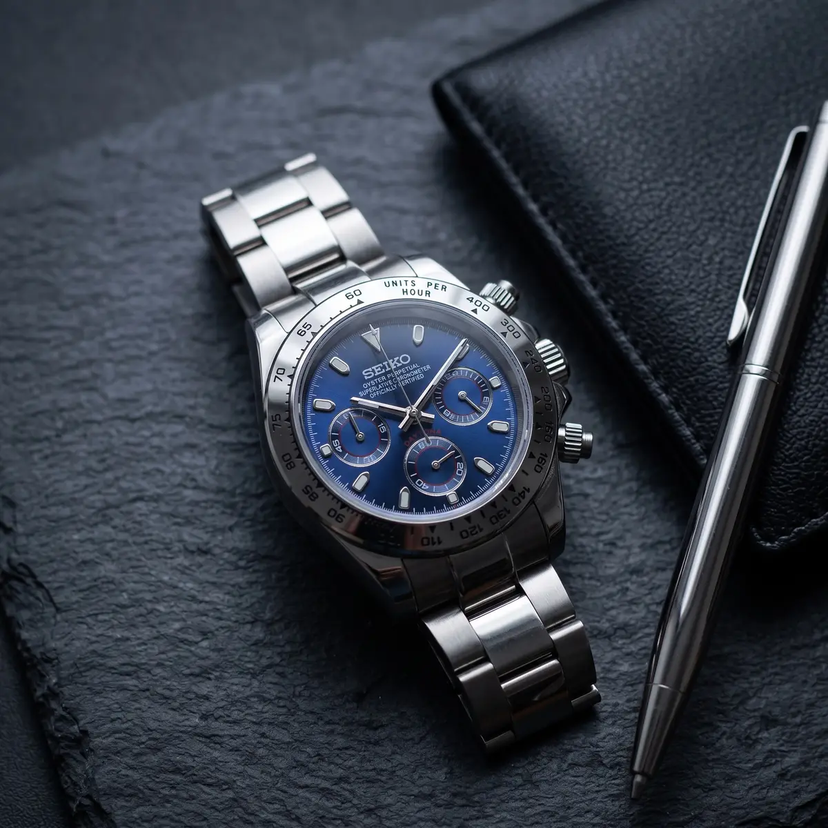 Seiko Mod Uhr TONA MOD | Stahl Navy – 40 mm – Flatlay auf Schiefer – MedoMods