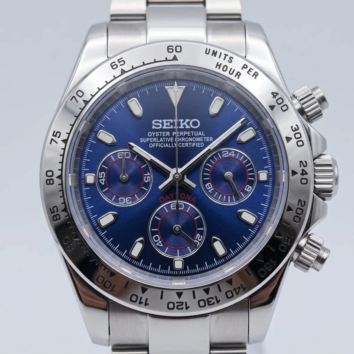 Seiko Mod Uhr TONA MOD | Stahl Navy – 40 mm – Zifferblatt Nahaufnahme – MedoMods