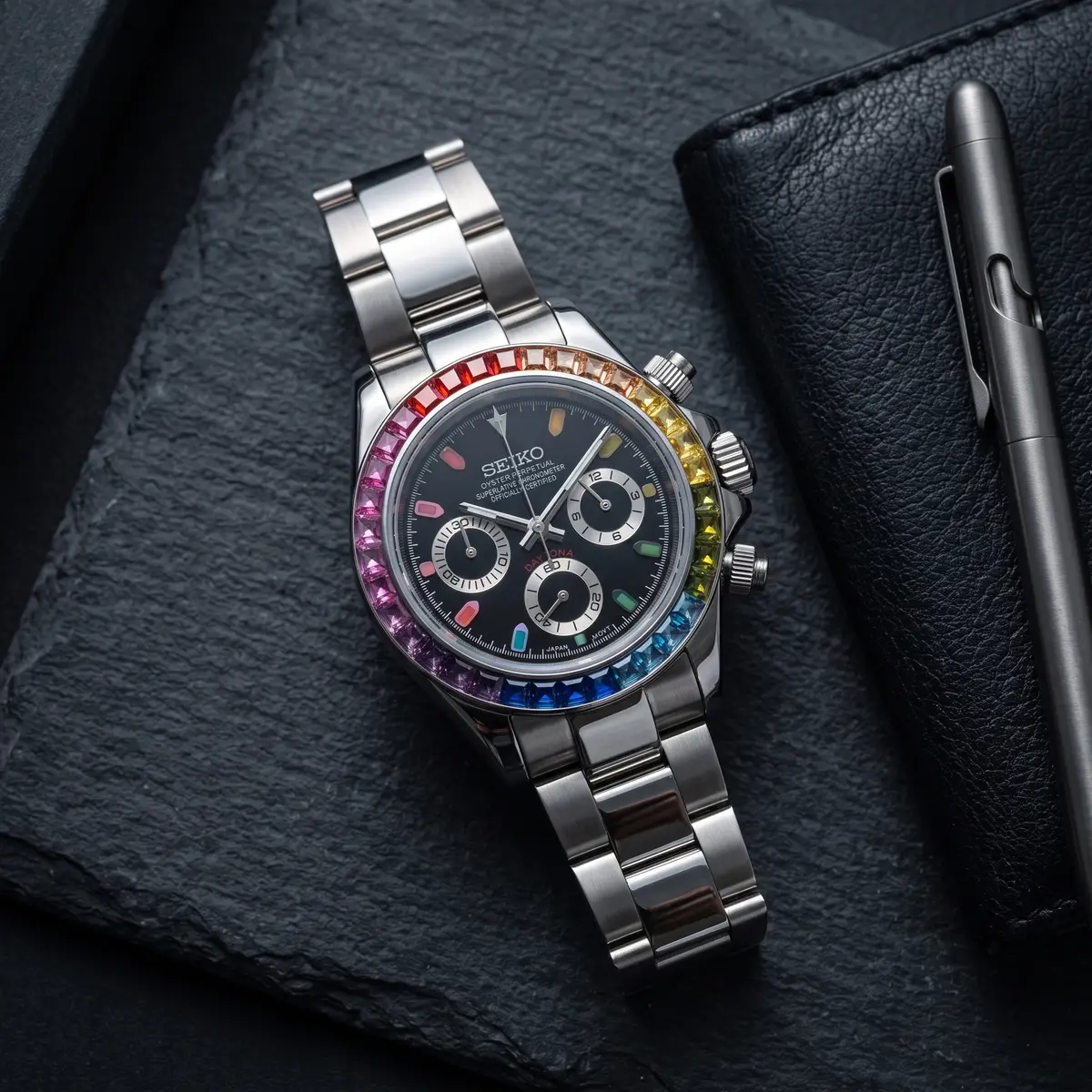 Seiko Mod Uhr TONA MOD | Steel Rainbow – 40 mm – Flatlay auf Schiefer – MedoMods