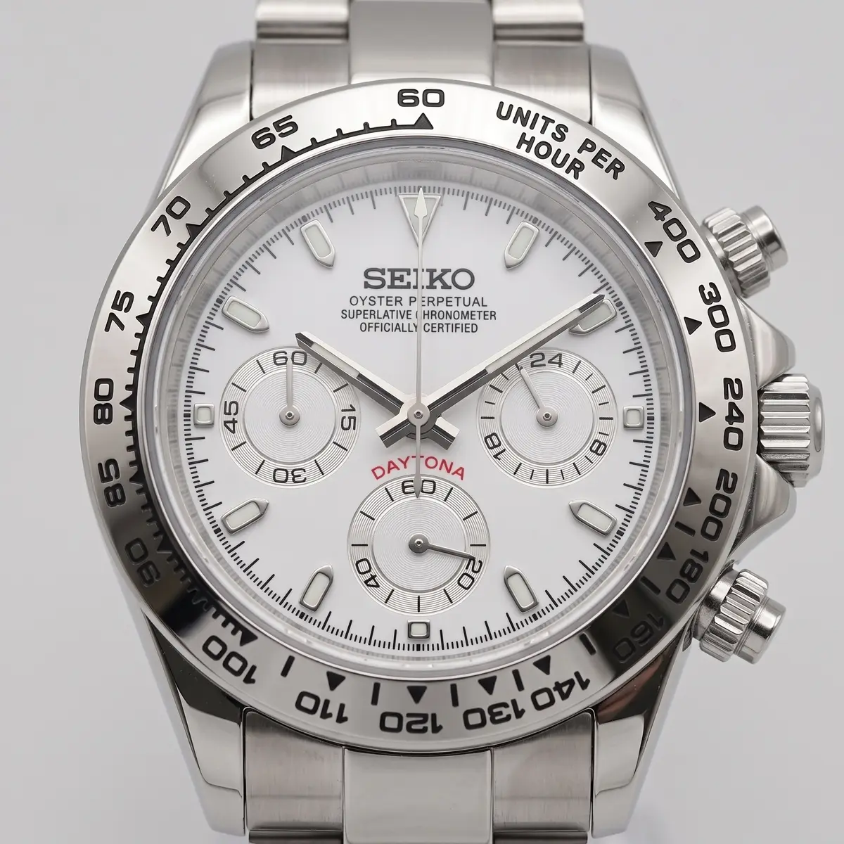 Seiko Mod Uhr TONA MOD | Stahlweiß – 40 mm – Zifferblatt Nahaufnahme – MedoMods