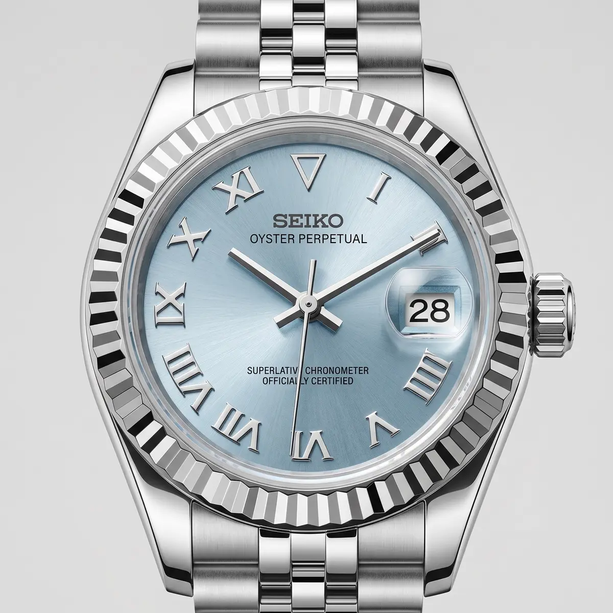 Seiko Mod Uhr DAMEN BABYBLAU – Zifferblatt Nahaufnahme – MedoMods