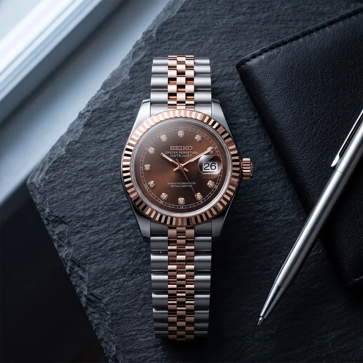 Seiko Mod Uhr DAMEN-SCHOKOLADEN-SCHMUCKSTÜCK – Flatlay auf Schiefer – MedoMods