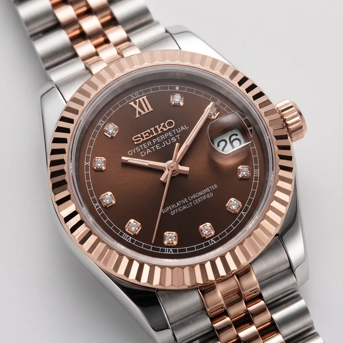 Seiko Mod Uhr DAMEN-SCHOKOLADEN-SCHMUCKSTÜCK – Zifferblatt Nahaufnahme – MedoMods