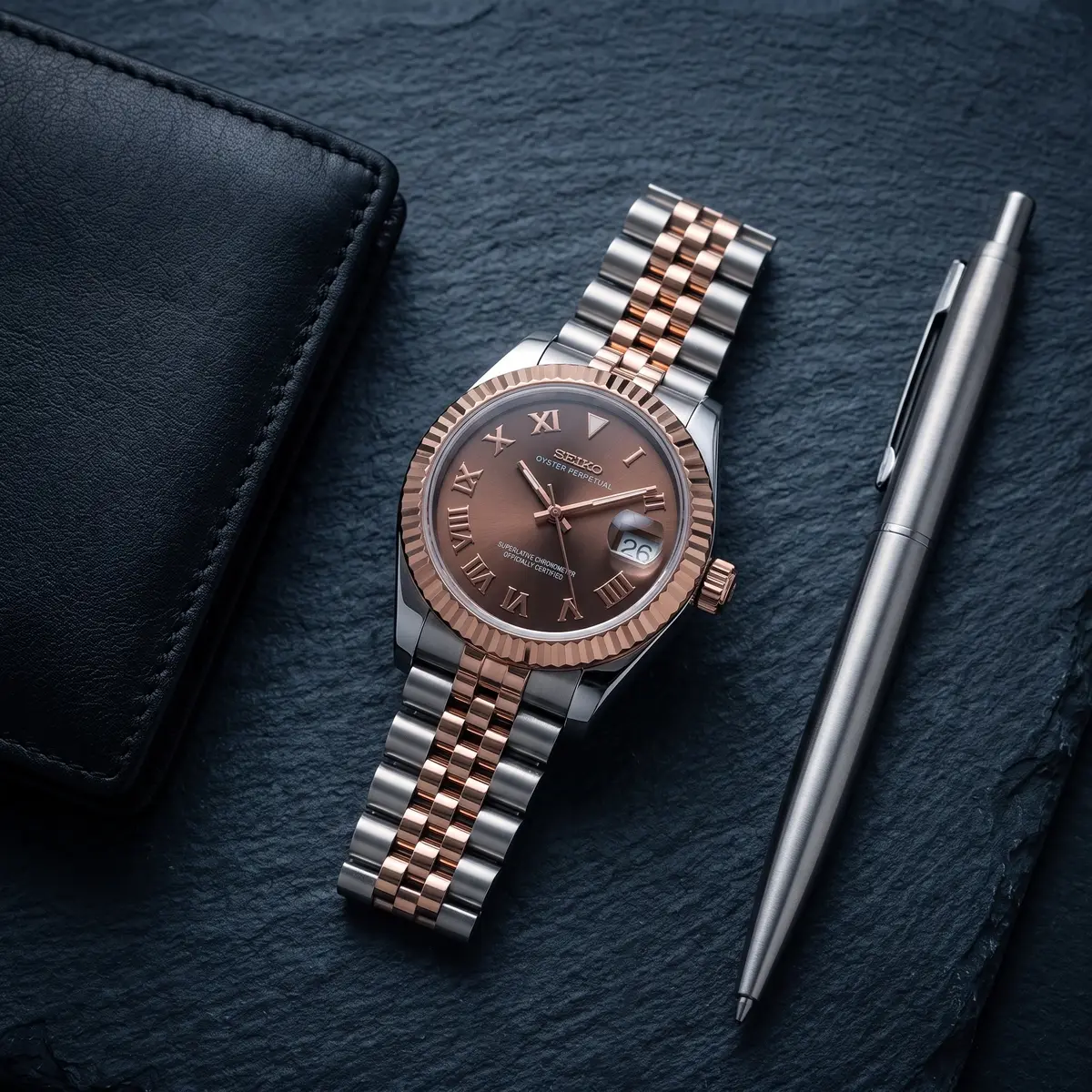 Seiko Mod Uhr Damen-Schokoladen-Roman – Flatlay auf Schiefer – MedoMods