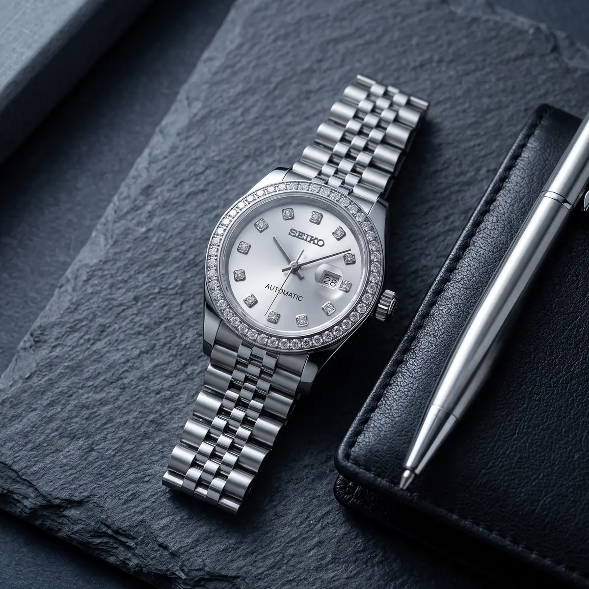 Seiko Mod Uhr DIAMANT-SILBER FÜR DAMEN – Flatlay auf Schiefer – MedoMods