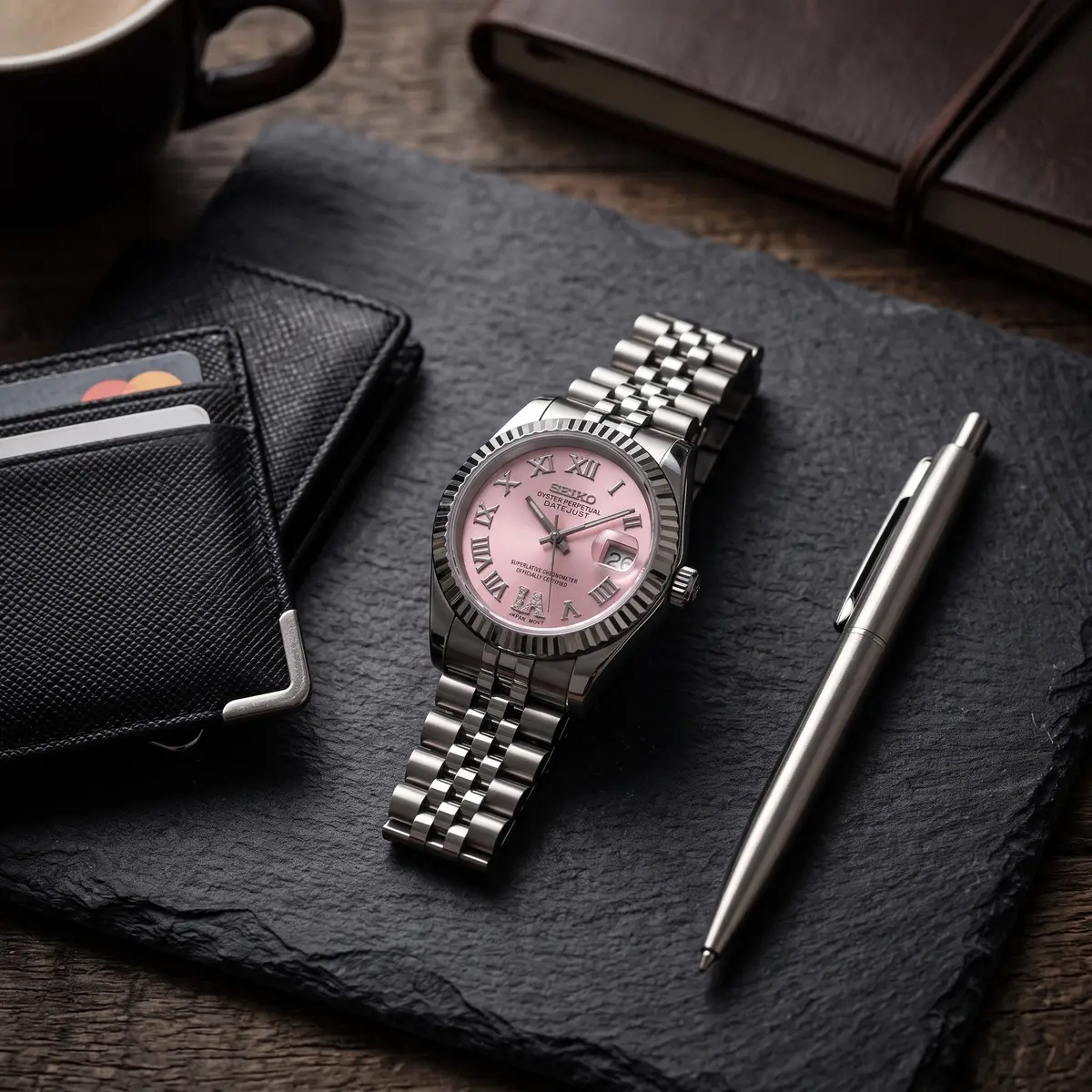 Seiko Mod Uhr DAMEN – PINK GLIMMER – Flatlay auf Schiefer – MedoMods