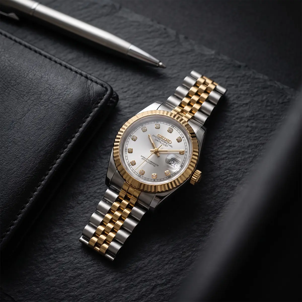 Seiko Mod Uhr ROYAL GOLD SCHMUCK FÜR DAMEN – Flatlay auf Schiefer – MedoMods