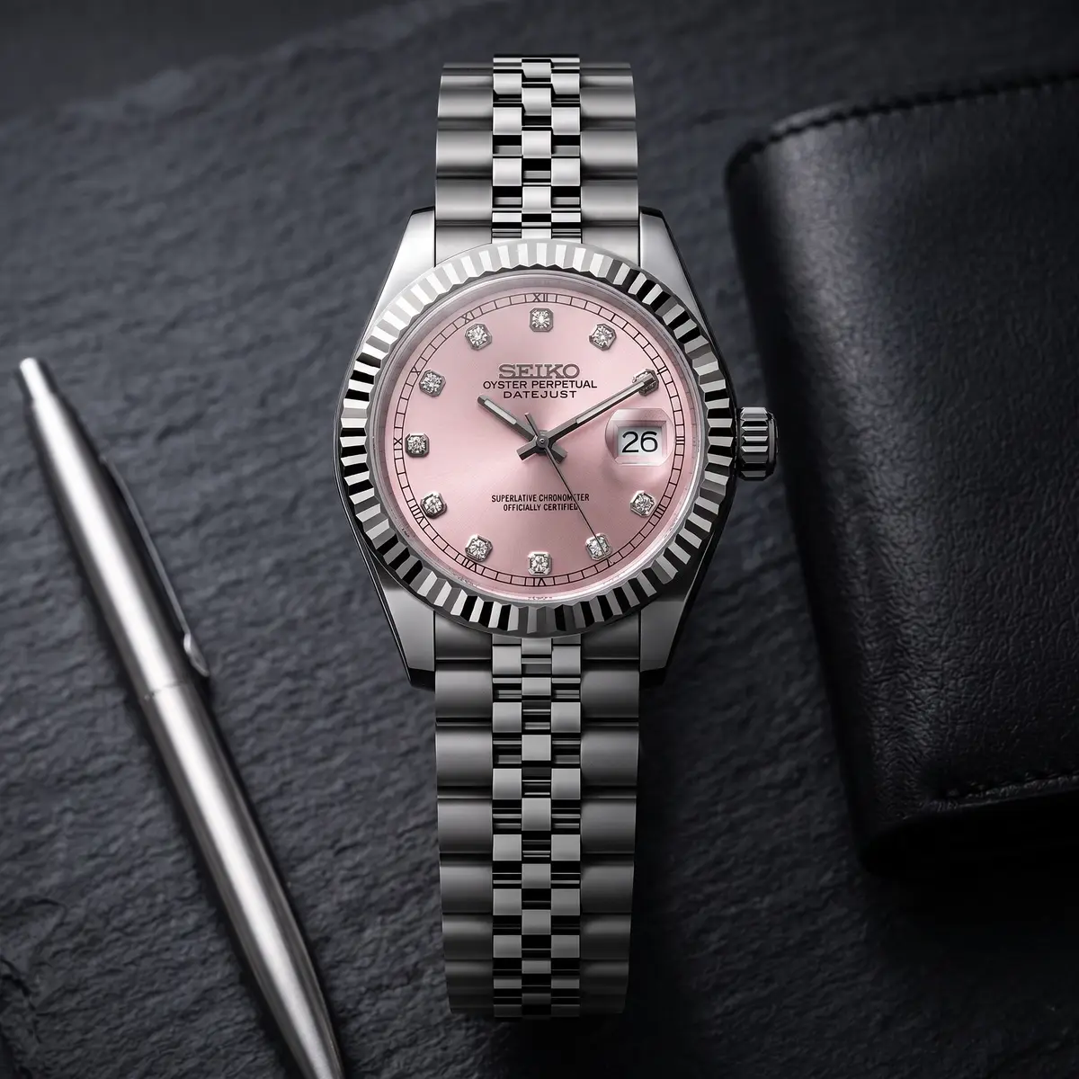 Seiko Mod Uhr ROYAL PINK JEWEL FÜR DAMEN – Flatlay auf Schiefer – MedoMods