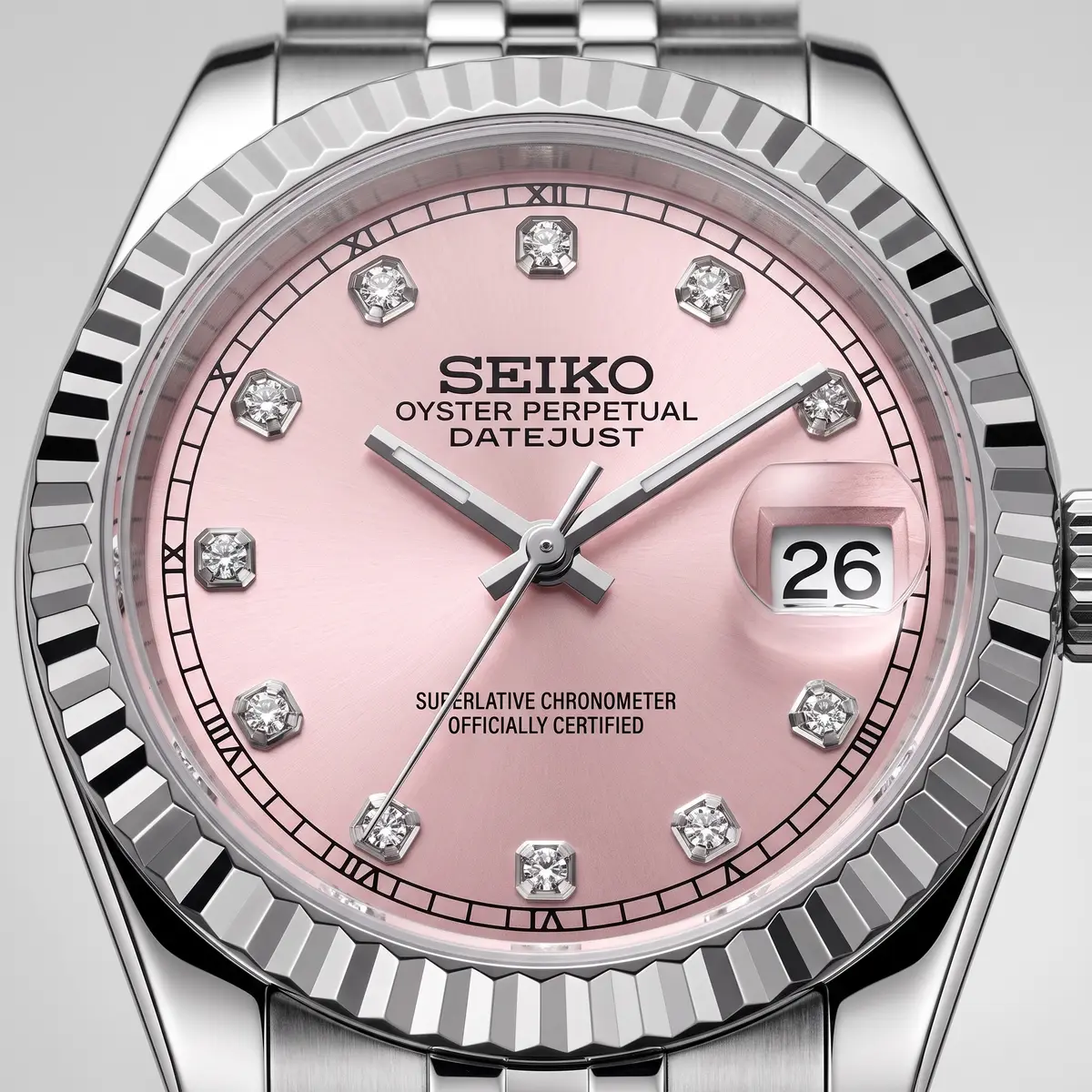 Seiko Mod Uhr ROYAL PINK JEWEL FÜR DAMEN – Zifferblatt Nahaufnahme – MedoMods