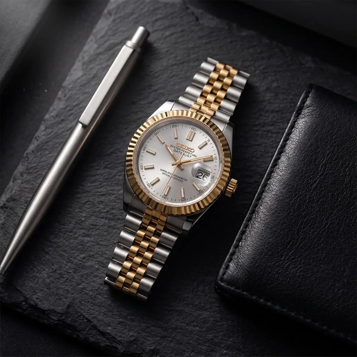 Seiko Mod Uhr DAMEN SILBER GOLD – Flatlay auf Schiefer – MedoMods