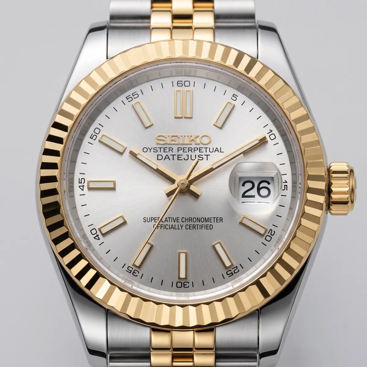 Seiko Mod Uhr DAMEN SILBER GOLD – Zifferblatt Nahaufnahme – MedoMods
