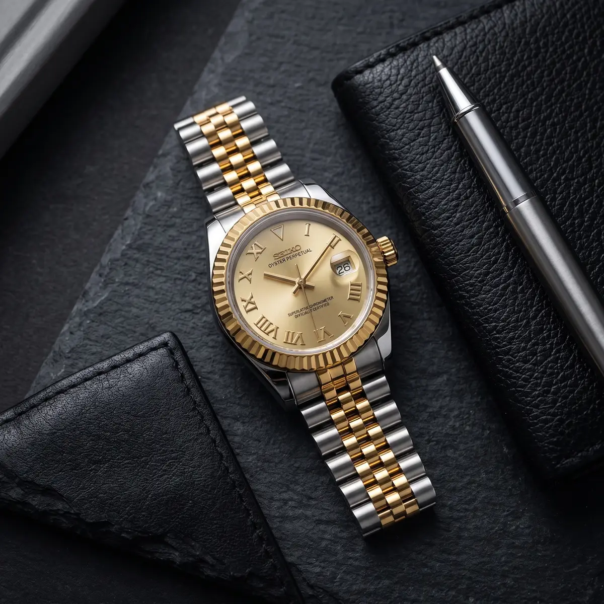 Seiko Mod Uhr DAMEN TWO-TONE GOLD – Flatlay auf Schiefer – MedoMods