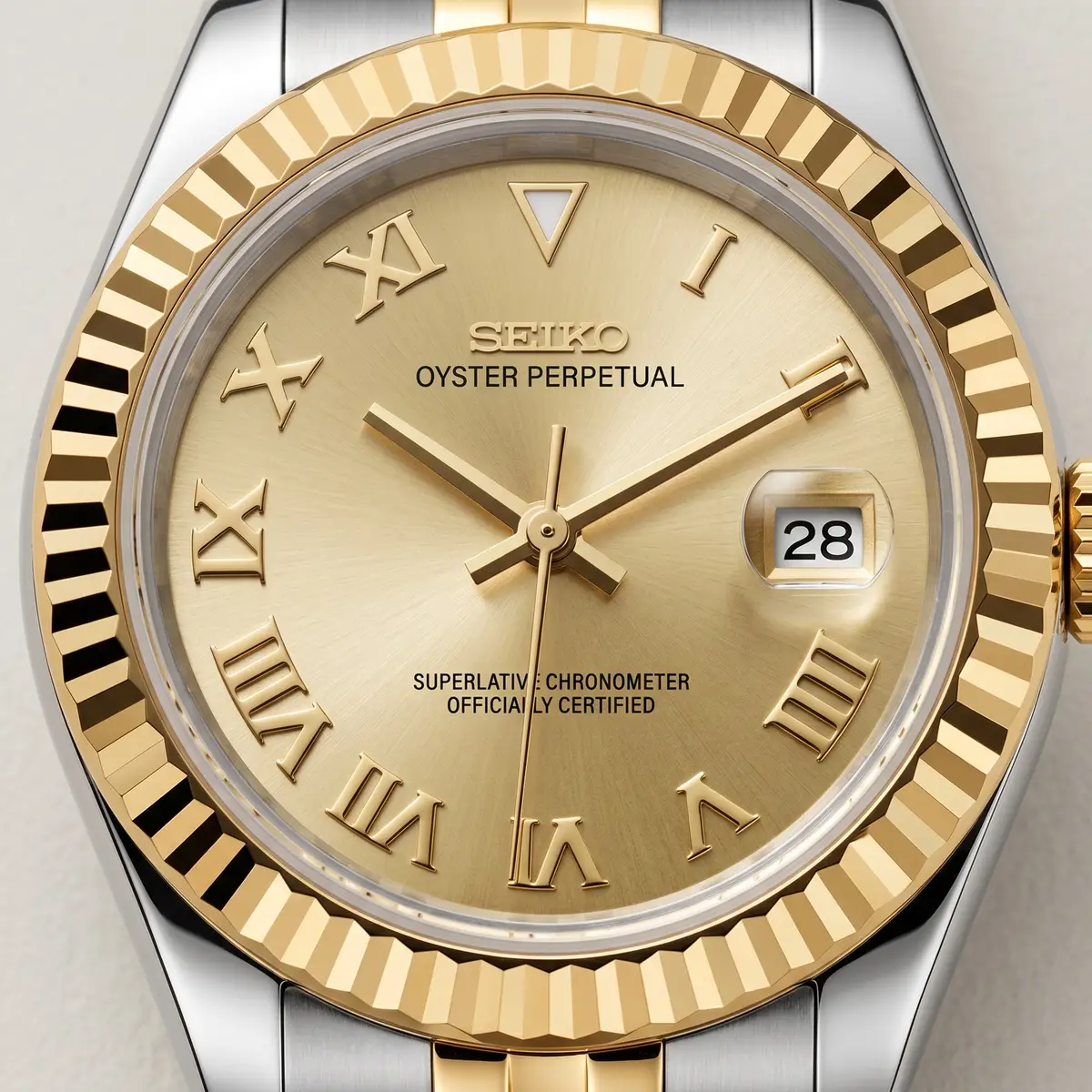 Seiko Mod Uhr DAMEN TWO-TONE GOLD – Zifferblatt Nahaufnahme – MedoMods