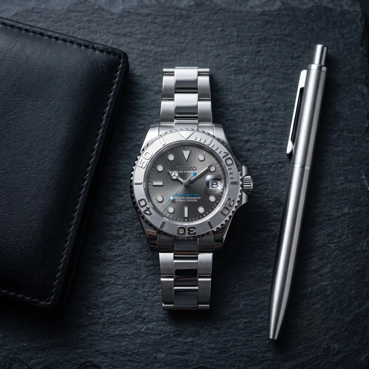 Seiko Mod Uhr YACHT MOD – GRAU – Flatlay auf Schiefer – MedoMods