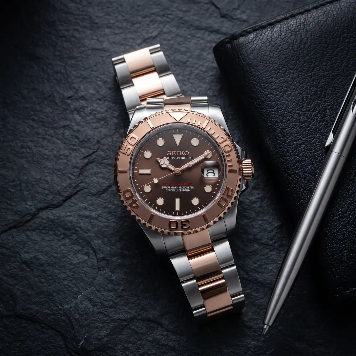 Seiko Mod Uhr YACHT MOD – TWO-TONE ROSE – Flatlay auf Schiefer – MedoMods