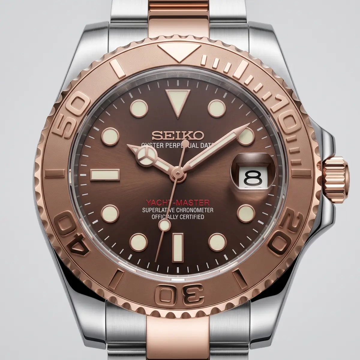 Seiko Mod Uhr YACHT MOD – TWO-TONE ROSE – Zifferblatt Nahaufnahme – MedoMods